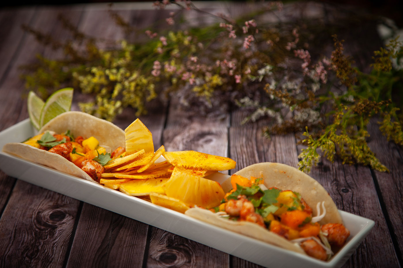 Shrimp Tacos with Fresh Fruit Salsa and Spiced Ulu Chips Shrimp Tacos with Fresh Fruit Salsa and Spiced Ulu Chips